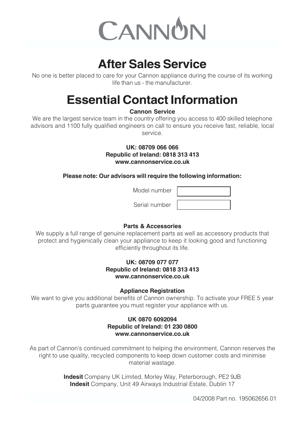 After sales service, Essential contact information | Cannon CHESTERIELD C60GCB User Manual | Page 36 / 36