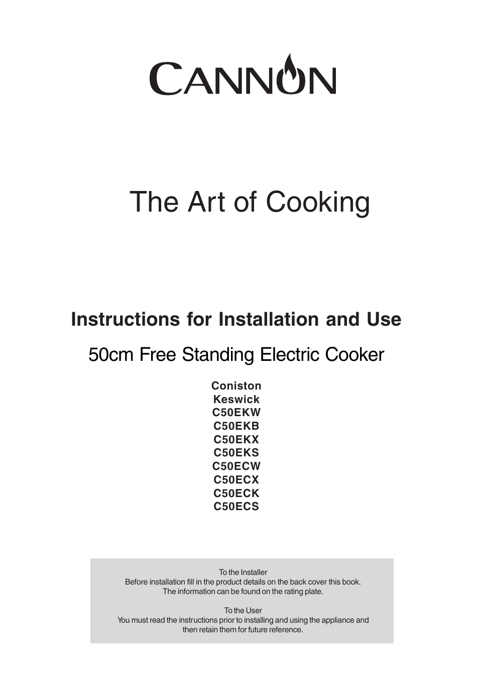 Cannon 50cm Free Standing Electric Cooker Coniston User Manual | 28 pages