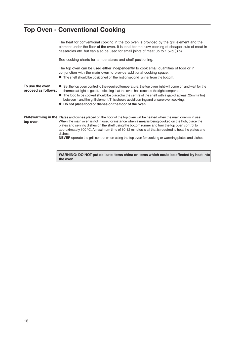 Top oven - conventional cooking | Cannon 50cm Free Standing Electric Cooker Coniston User Manual | Page 16 / 28