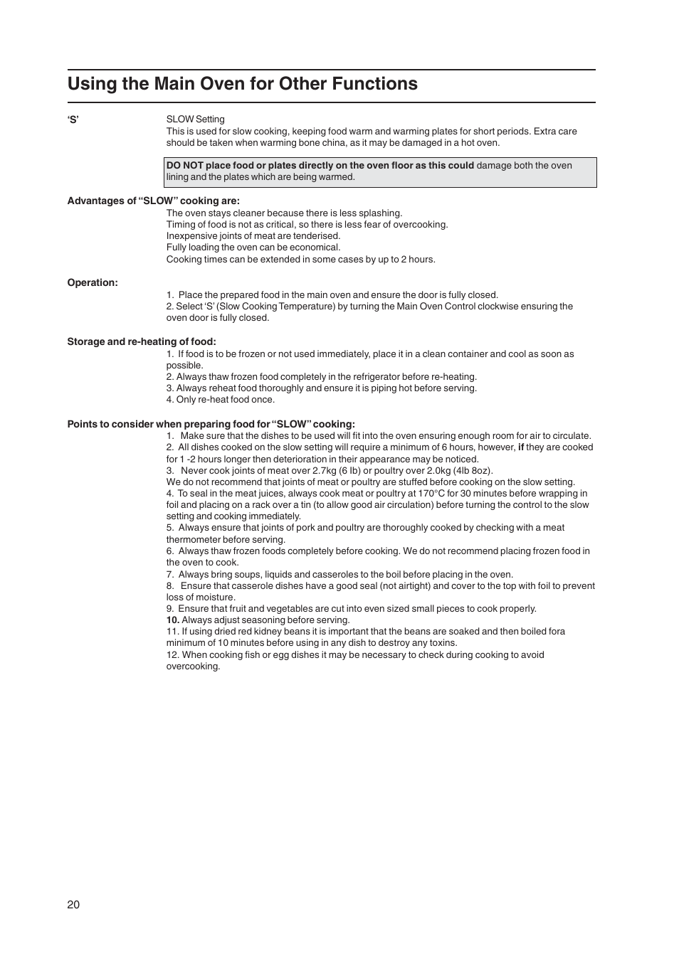 Using the main oven for other functions | Cannon 50cm Free Standing Electric Cooker Coniston User Manual | Page 20 / 28