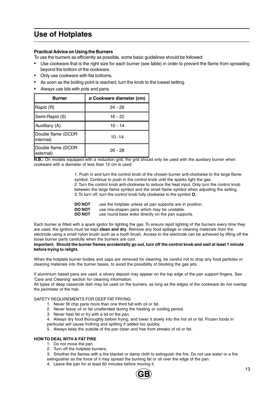 Use of hotplates | Cannon 110cm Free Standing Gas Cooker C110DPX User Manual | Page 13 / 32