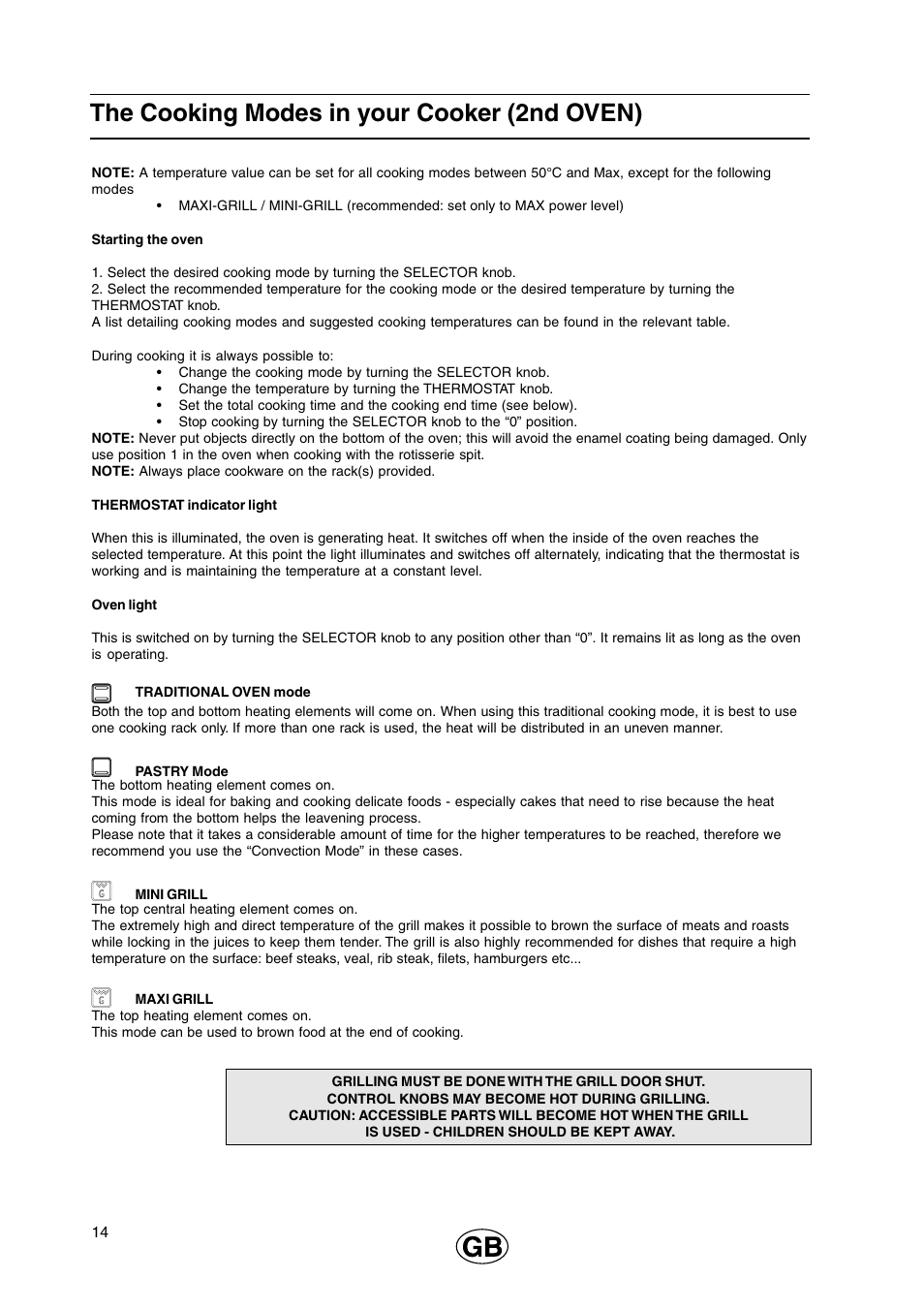 The cooking modes in your cooker (2nd oven) | Cannon 110cm Free Standing Gas Cooker C110DPX User Manual | Page 14 / 32