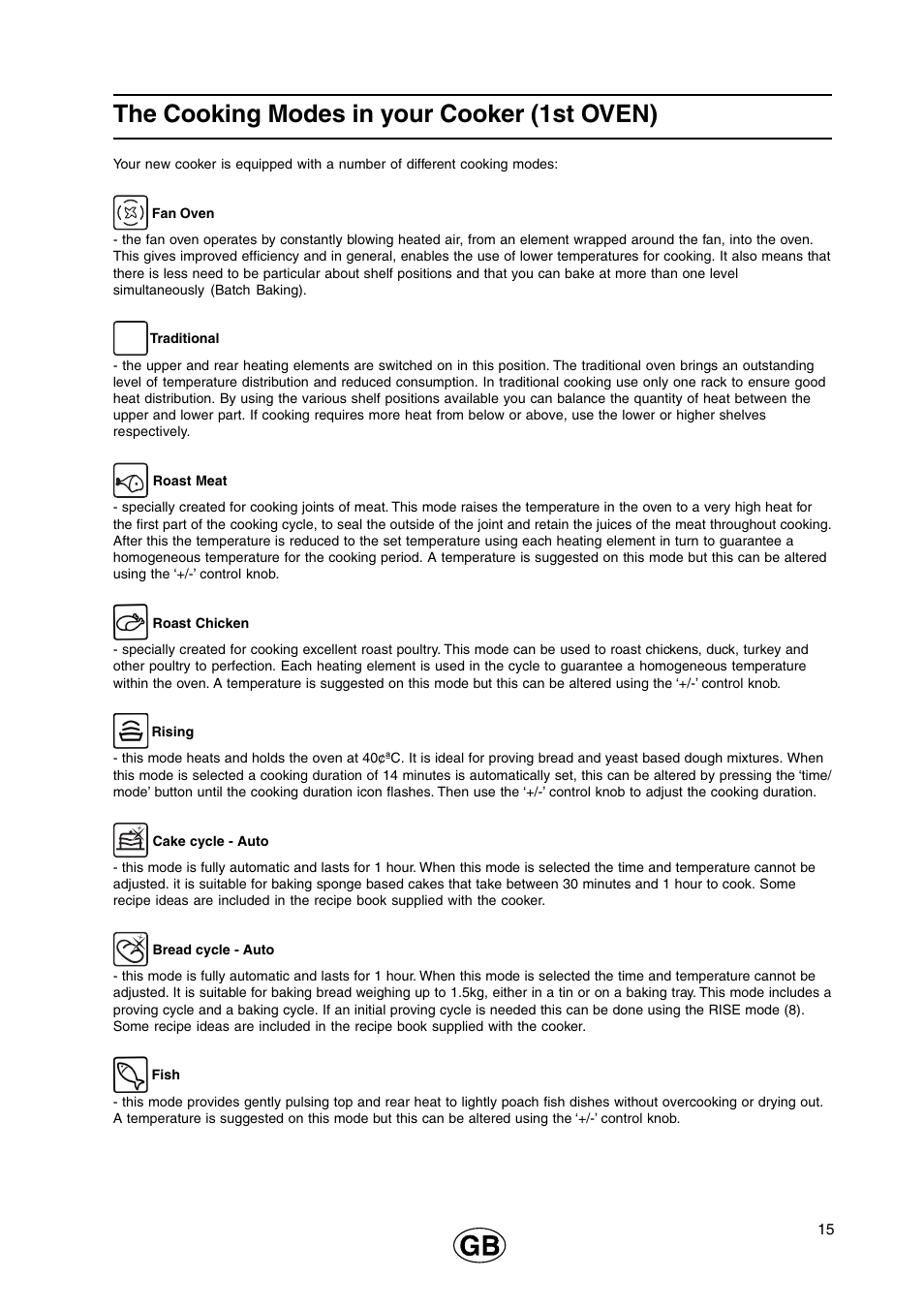 The cooking modes in your cooker (1st oven) | Cannon 110cm Free Standing Gas Cooker C110DPX User Manual | Page 15 / 32