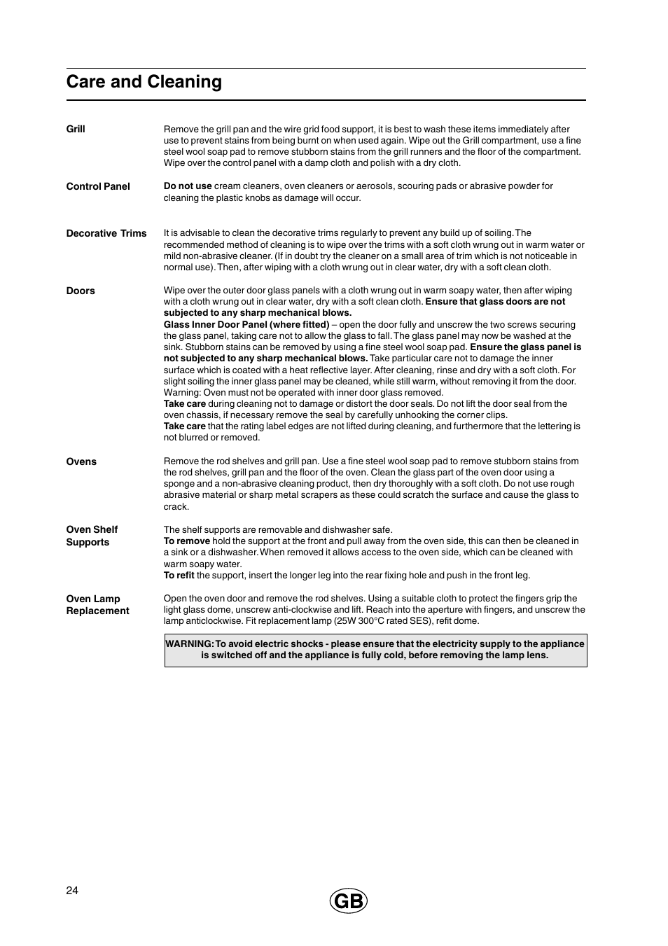 Care and cleaning | Cannon 110cm Free Standing Gas Cooker C110DPX User Manual | Page 24 / 32