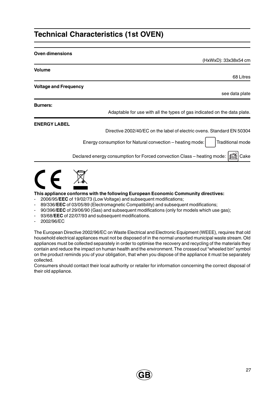 Technical characteristics (1st oven) | Cannon 110cm Free Standing Gas Cooker C110DPX User Manual | Page 27 / 32