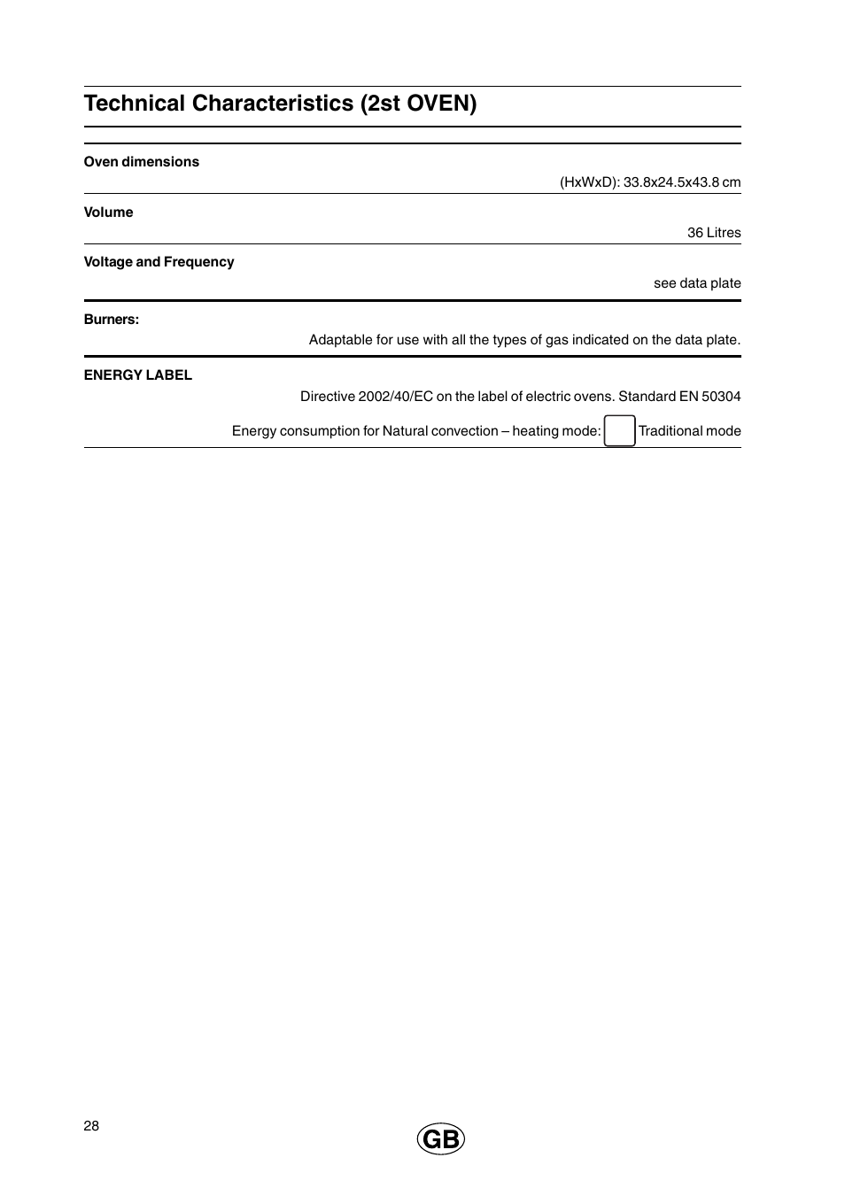 Technical characteristics (2st oven) | Cannon 110cm Free Standing Gas Cooker C110DPX User Manual | Page 28 / 32