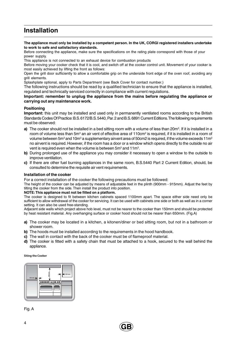 Installation | Cannon 110cm Free Standing Gas Cooker C110DPX User Manual | Page 4 / 32