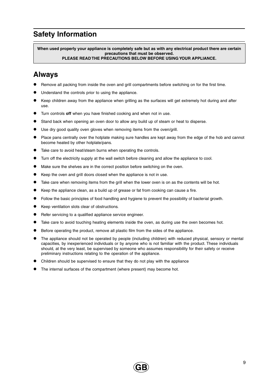 Safety information, Always | Cannon 110cm Free Standing Gas Cooker C110DPX User Manual | Page 9 / 32