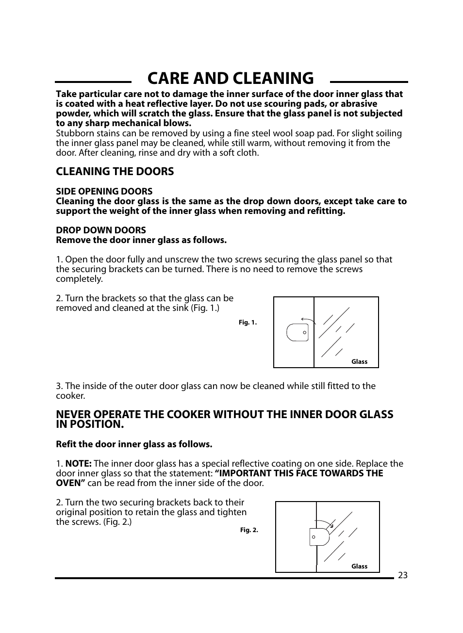 Care and cleaning, Cleaning the doors | Cannon Windsor Mk2 10297G Mk2 User Manual | Page 23 / 36