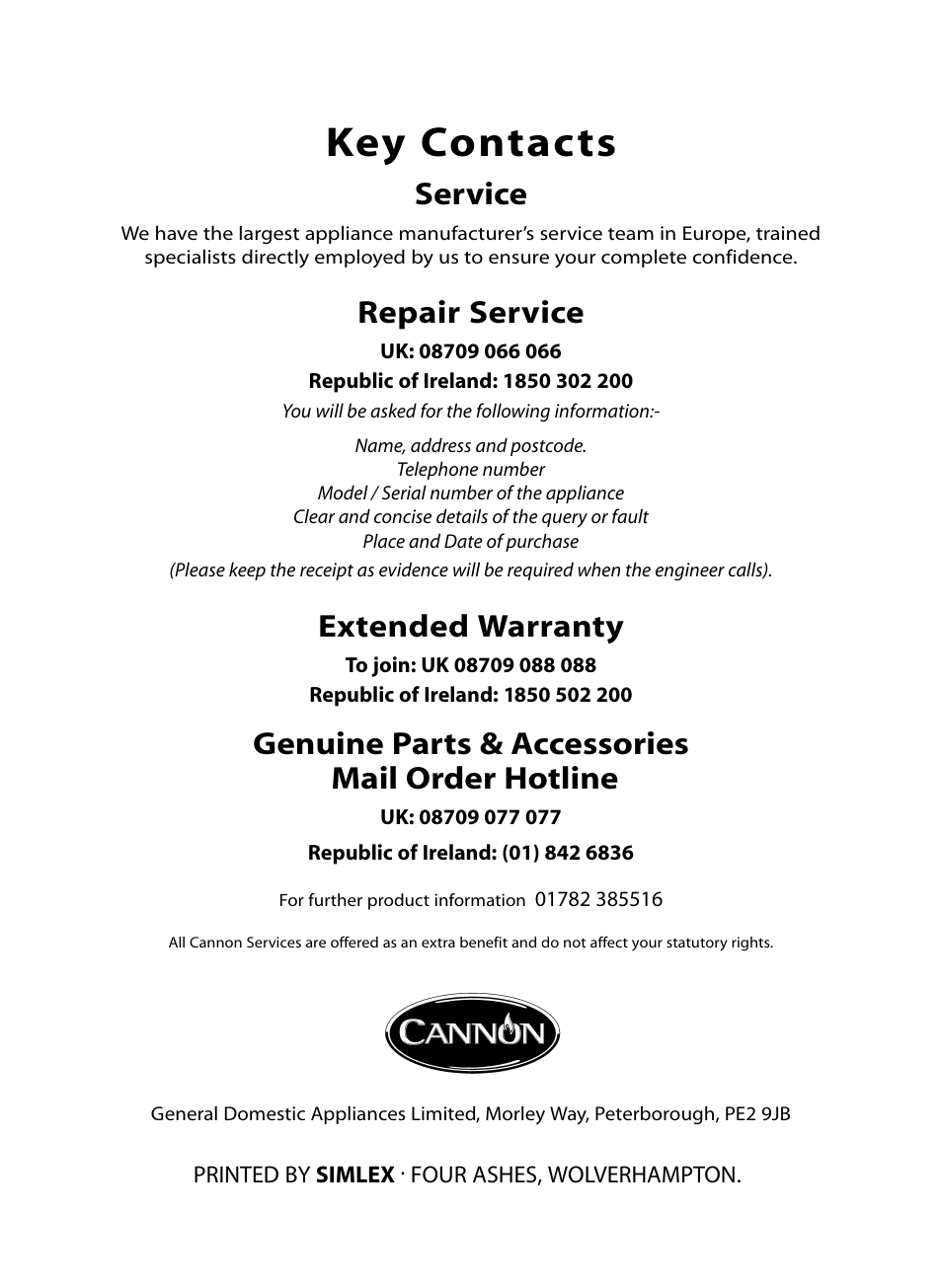 Key contacts, Service, Repair service | Extended warranty, Genuine parts & accessories mail order hotline | Cannon Windsor Mk2 10297G Mk2 User Manual | Page 36 / 36