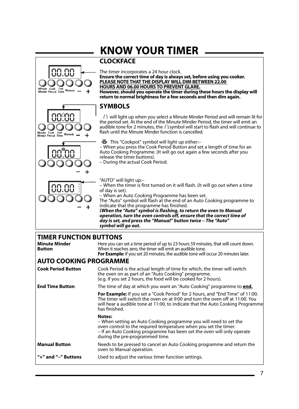 Know your timer, Clockface, Symbols | Timer function buttons auto cooking programme | Cannon Windsor Mk2 10297G Mk2 User Manual | Page 7 / 36