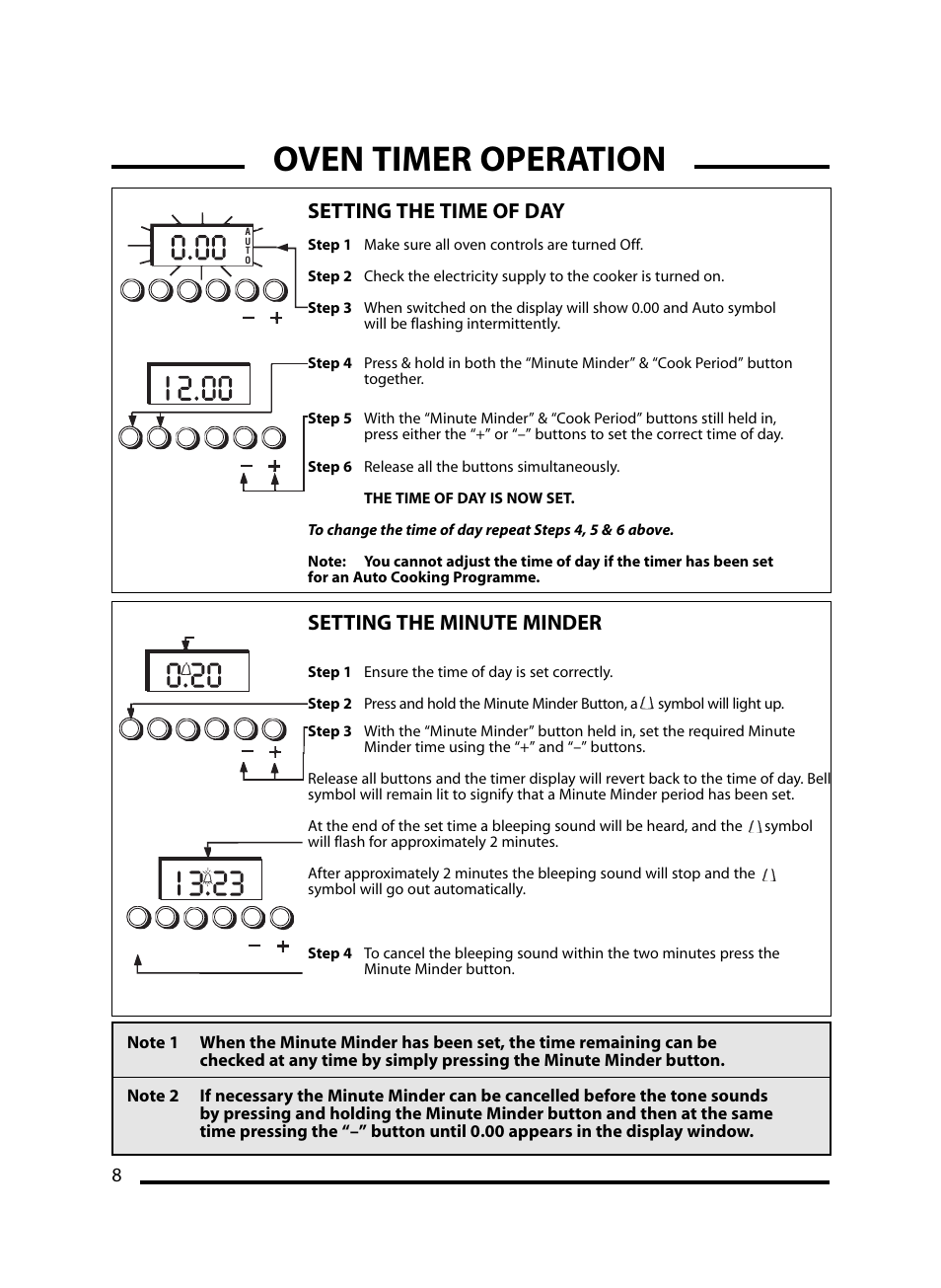 Oven timer operation, Setting the time of day, Setting the minute minder | Cannon Windsor Mk2 10297G Mk2 User Manual | Page 8 / 36