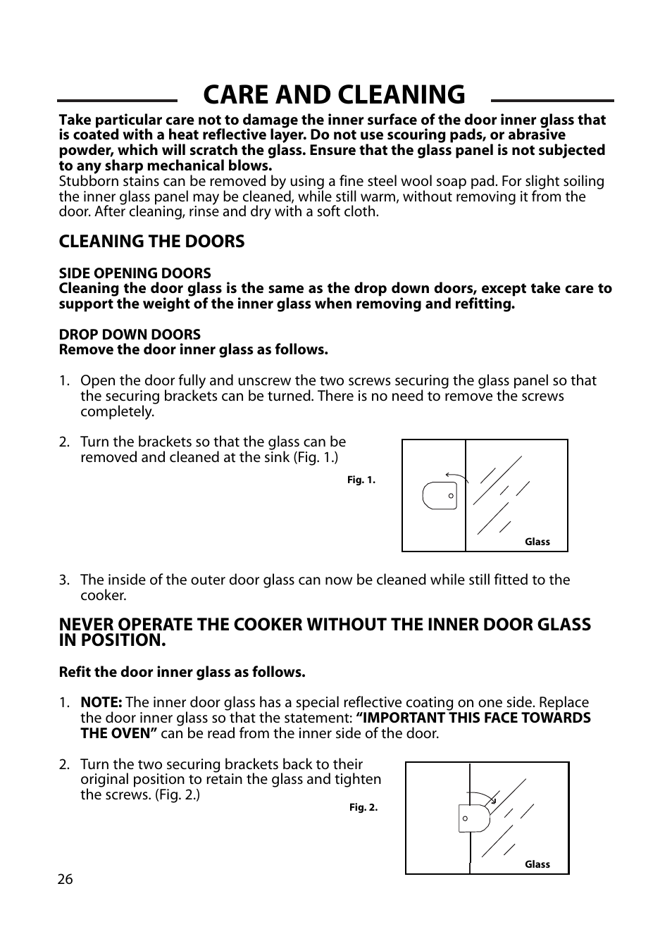 Care and cleaning, Cleaning the doors | Cannon CHICHESTER 10575G User Manual | Page 26 / 36