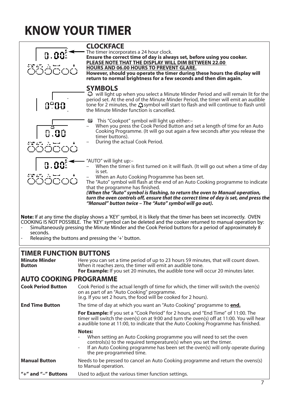 Know your timer, Clockface, Symbols | Timer function buttons auto cooking programme | Cannon CHICHESTER 10575G User Manual | Page 7 / 36
