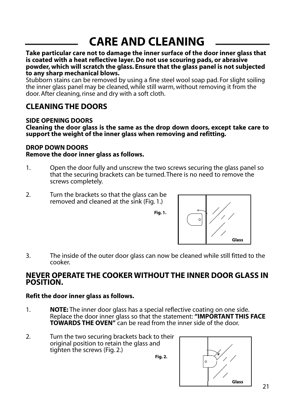 Care and cleaning, Cleaning the doors | Cannon HENLEY 10588G User Manual | Page 21 / 32