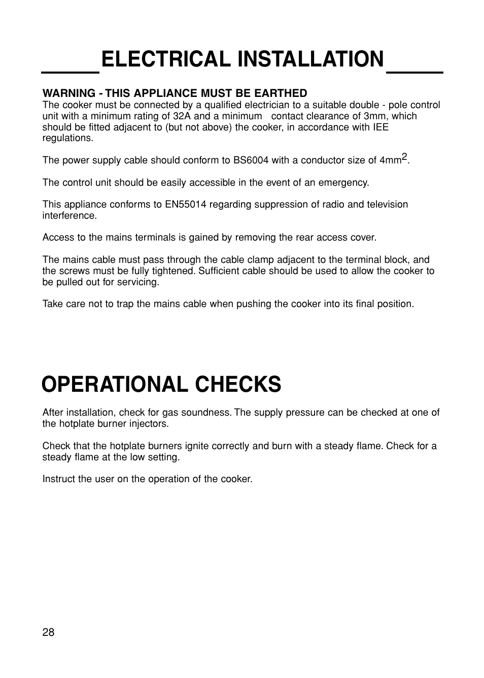 Operational checks, Electrical installation | Cannon HENLEY 10588G User Manual | Page 28 / 32