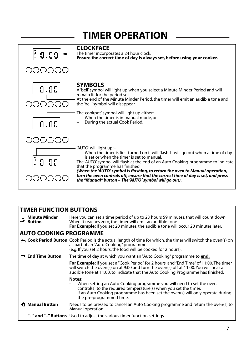 Timer operation, Clockface, Symbols | Timer function buttons auto cooking programme | Cannon HENLEY 10588G User Manual | Page 7 / 32