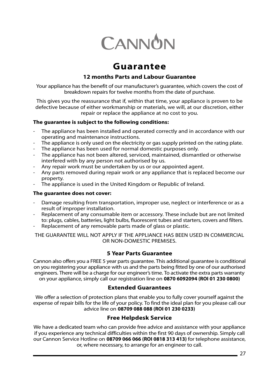 Guarantee | Cannon LICHFIELD 10908G User Manual | Page 27 / 28