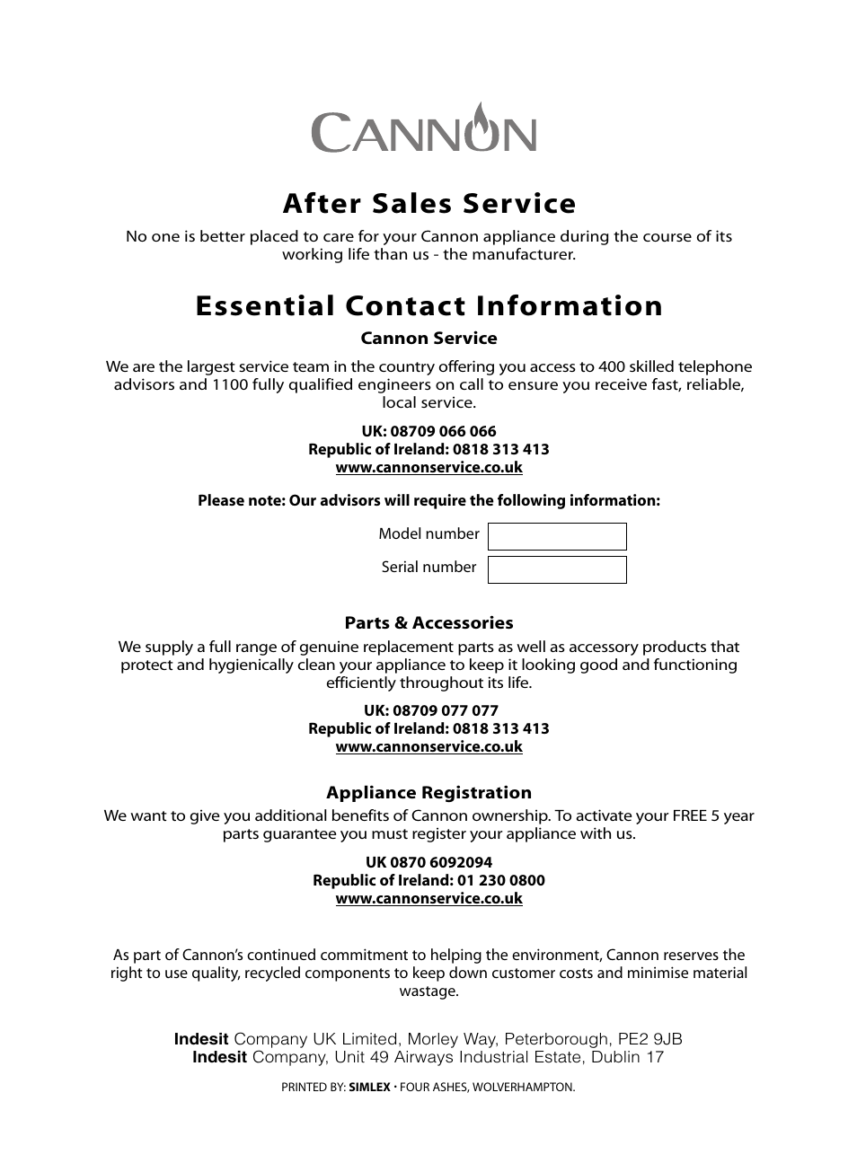 After sales service, Essential contact information | Cannon LICHFIELD 10908G User Manual | Page 28 / 28