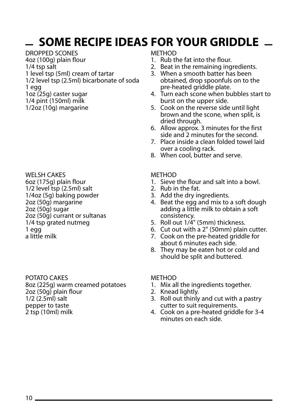 Some recipe ideas for your griddle | Cannon ICON 1000 User Manual | Page 10 / 28