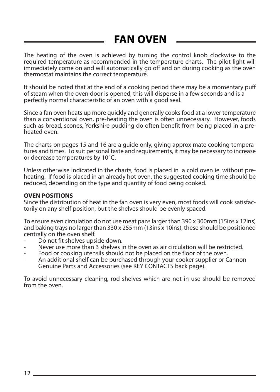 Fan oven | Cannon ICON 1000 User Manual | Page 12 / 28