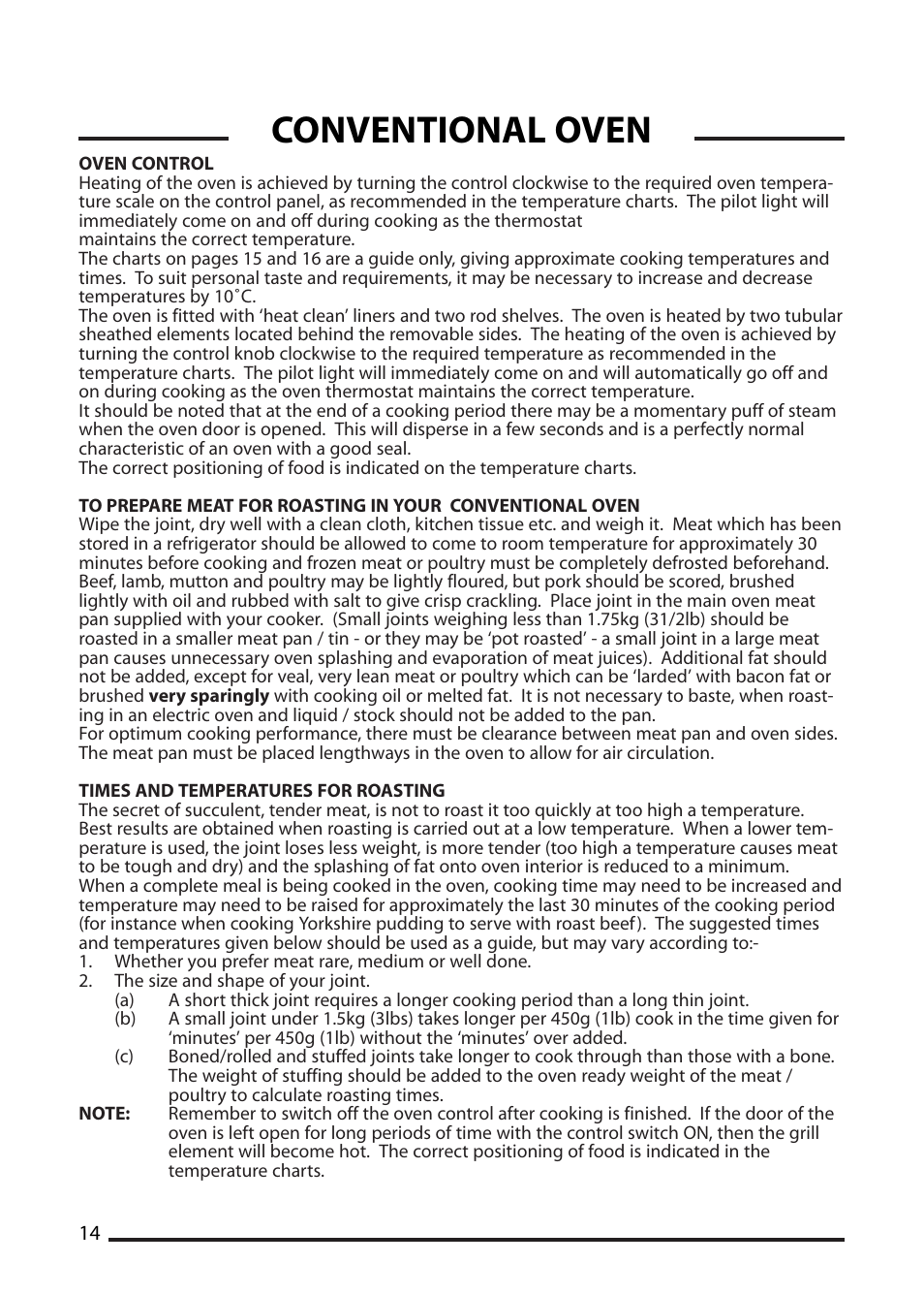 Conventional oven | Cannon ICON 1000 User Manual | Page 14 / 28