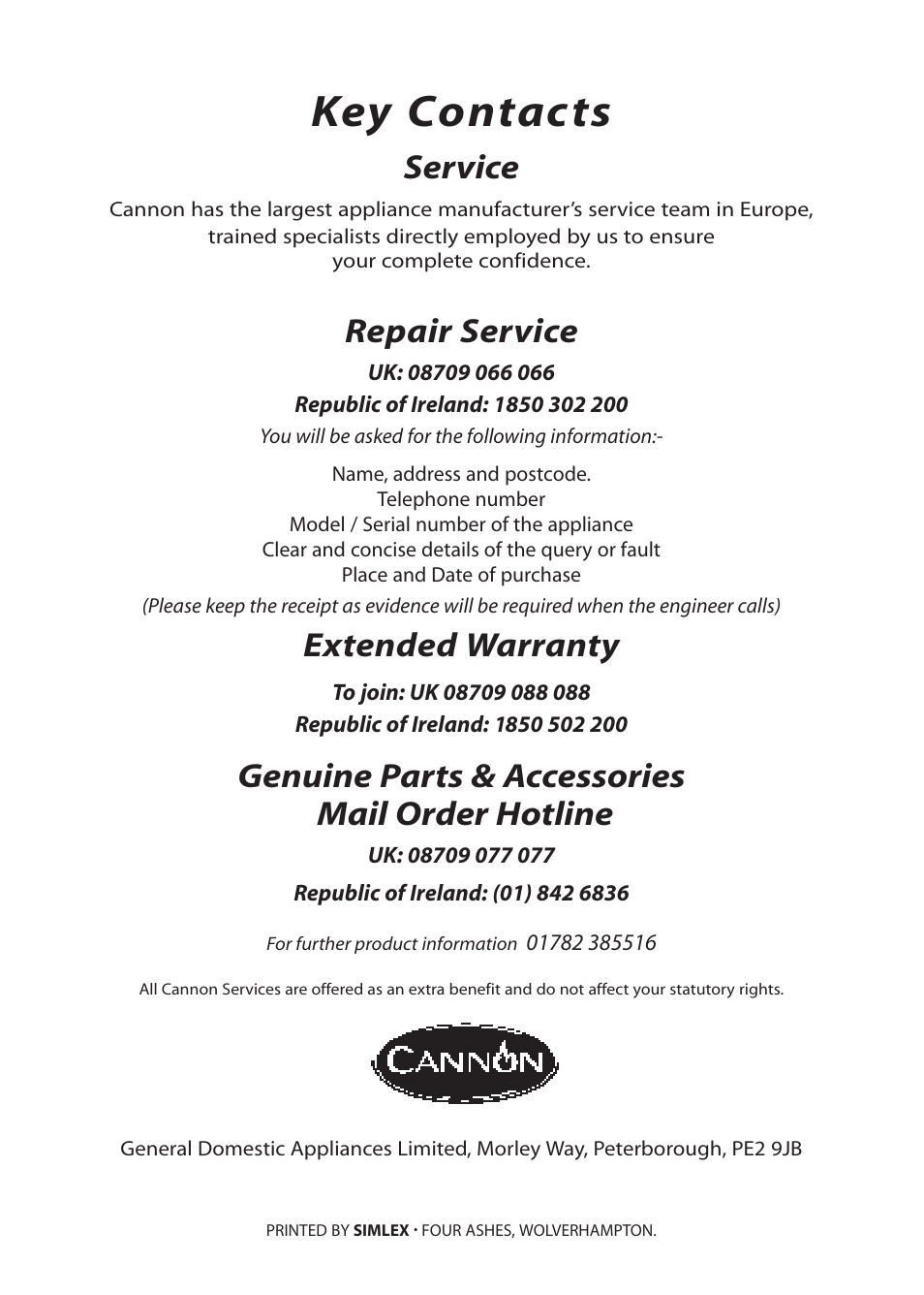 Key contacts, Service, Repair service | Extended warranty, Genuine parts & accessories mail order hotline | Cannon ICON 1000 User Manual | Page 28 / 28