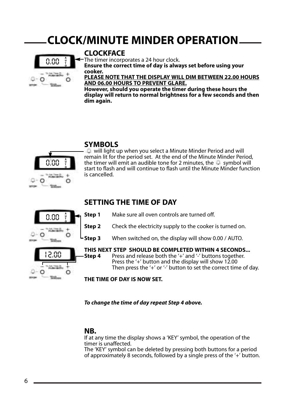 Clock/minute minder operation, Clockface, Symbols | Setting the time of day | Cannon ICON 1000 User Manual | Page 6 / 28