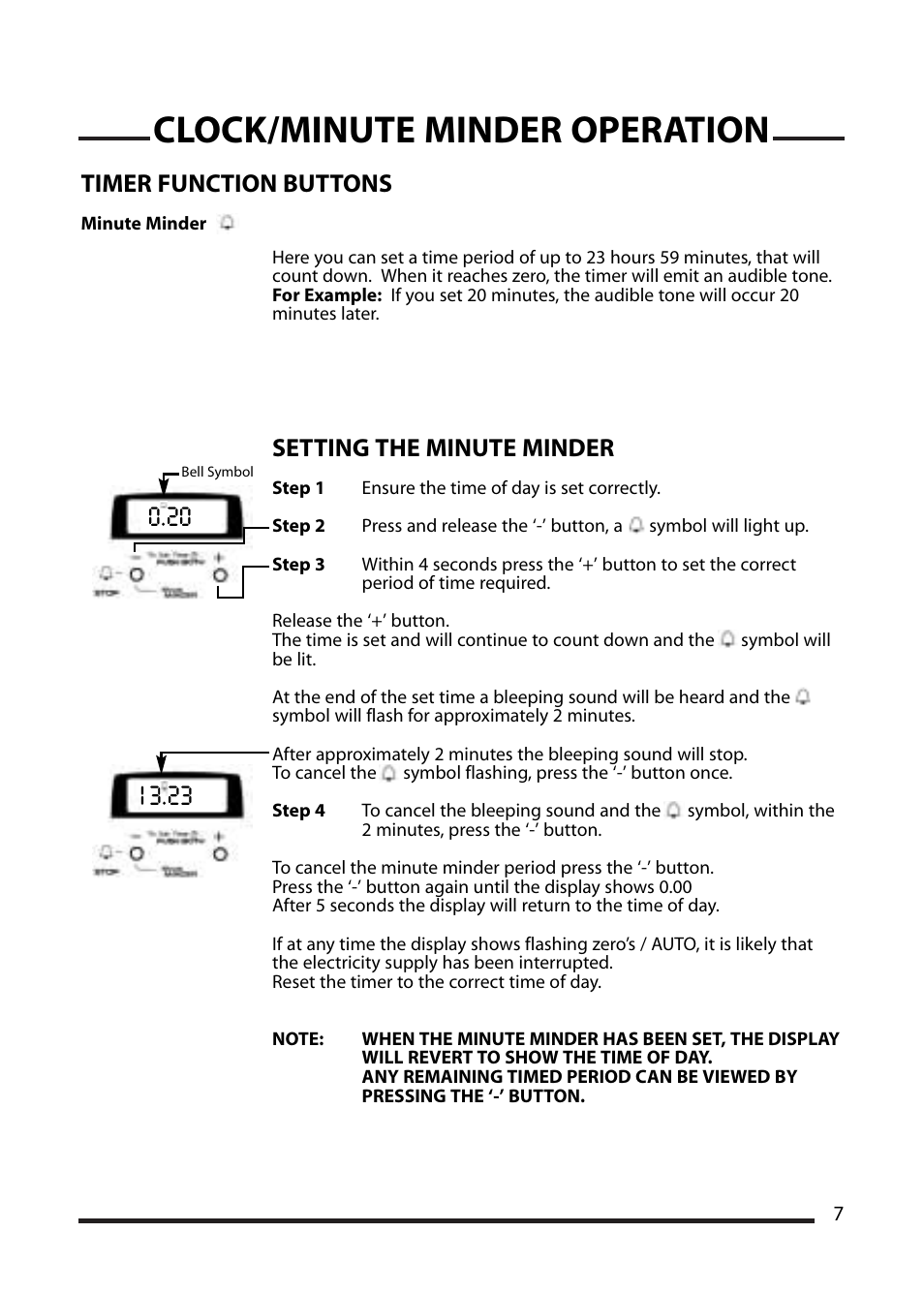Clock/minute minder operation, Timer function buttons, Setting the minute minder | Cannon ICON 1000 User Manual | Page 7 / 28