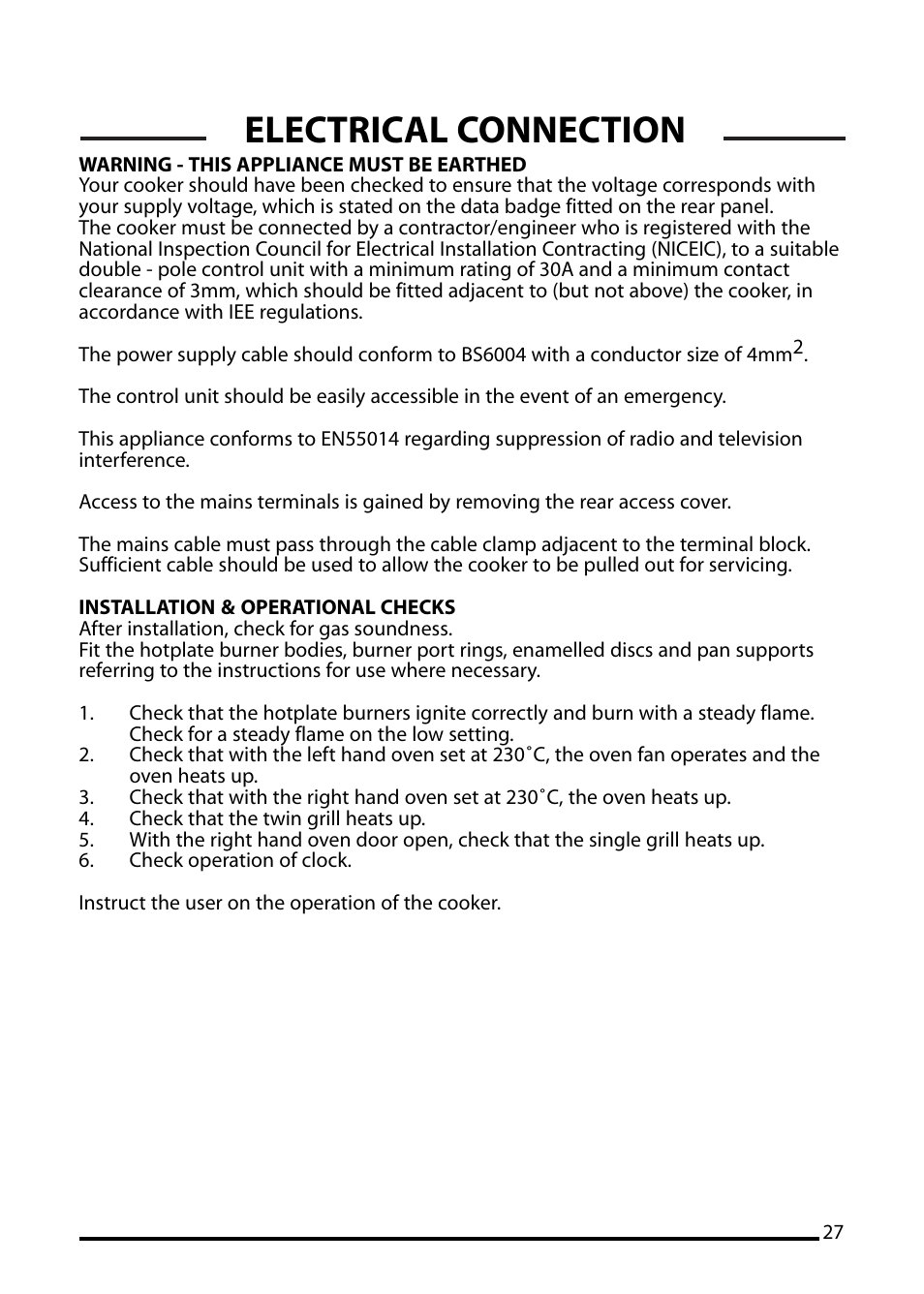 Electrical connection | Cannon ICON 10425G User Manual | Page 27 / 28