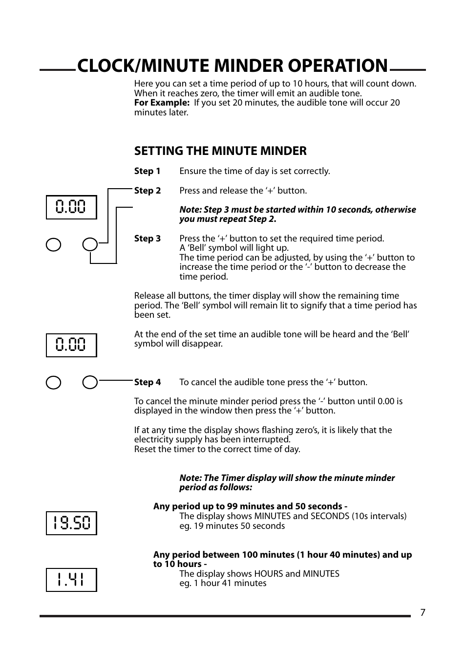 Clock/minute minder operation, Setting the minute minder | Cannon ICON 10425G User Manual | Page 7 / 28