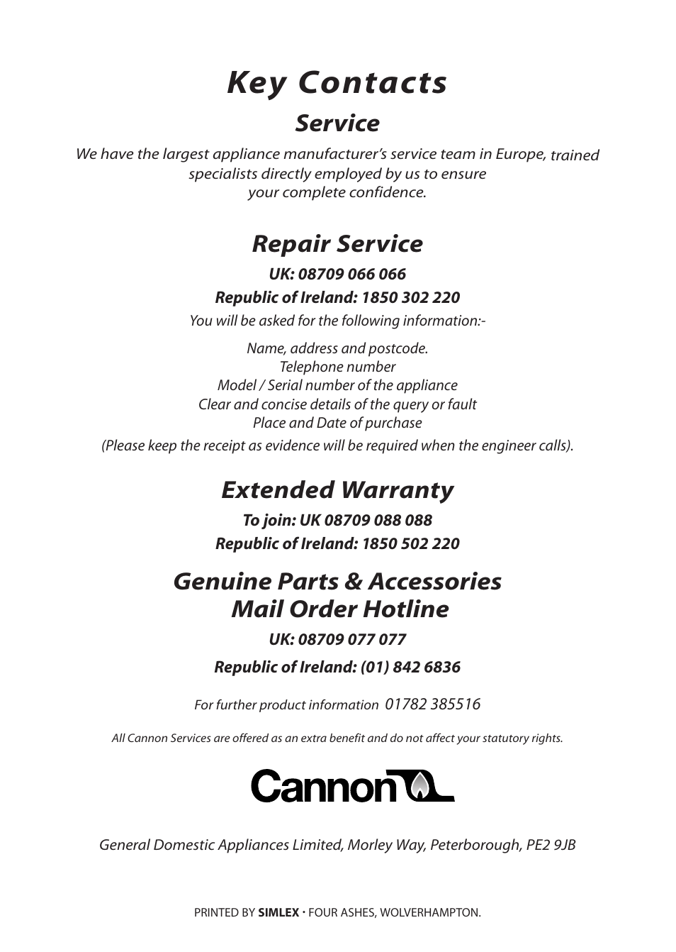 Key contacts, Service, Repair service | Extended warranty, Genuine parts & accessories mail order hotline | Cannon None User Manual | Page 24 / 24