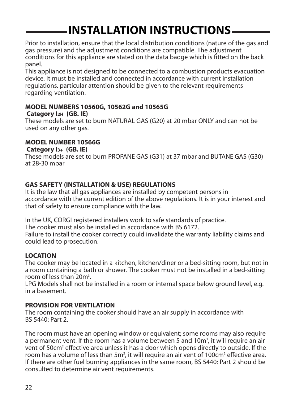 Installation instructions | Cannon WOBURN 10562G User Manual | Page 22 / 28