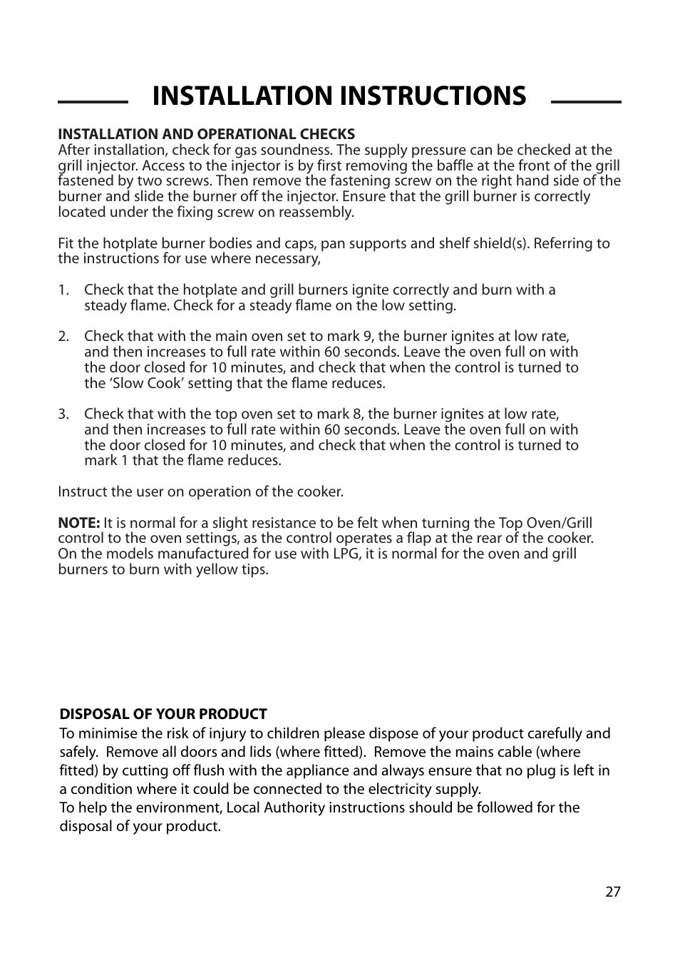 Installation instructions | Cannon WOBURN 10562G User Manual | Page 27 / 28