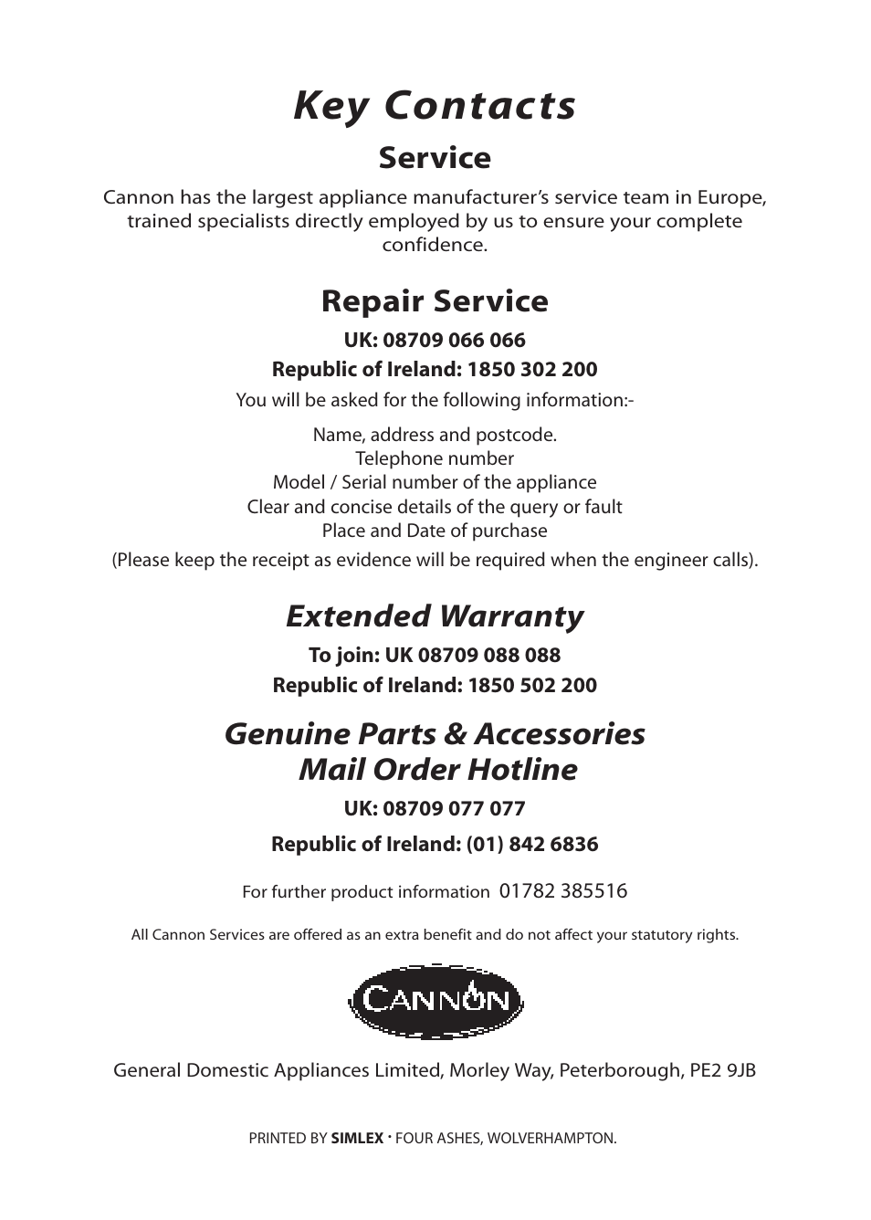 Key contacts, Service, Repair service | Extended warranty, Genuine parts & accessories mail order hotline | Cannon WOBURN 10562G User Manual | Page 28 / 28