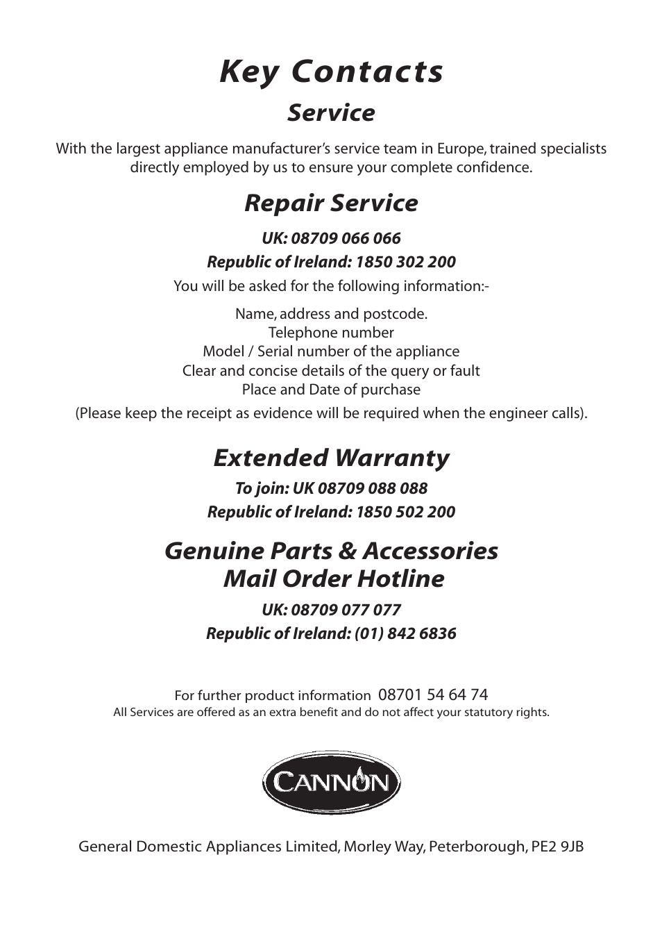 Key contacts, Service, Repair service | Extended warranty, Genuine parts & accessories mail order hotline | Cannon BHC60 User Manual | Page 4 / 4