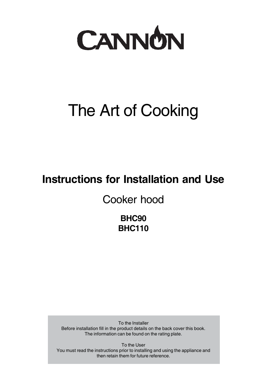 Cannon Cooker Hood BHC110 User Manual | 12 pages