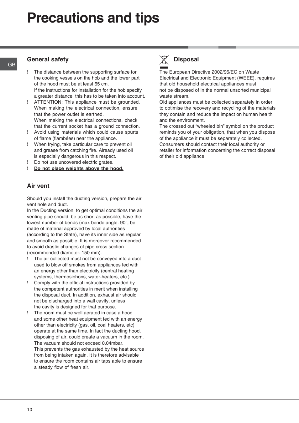 Precautions and tips | Cannon Cooker Hood BHC110 User Manual | Page 10 / 12