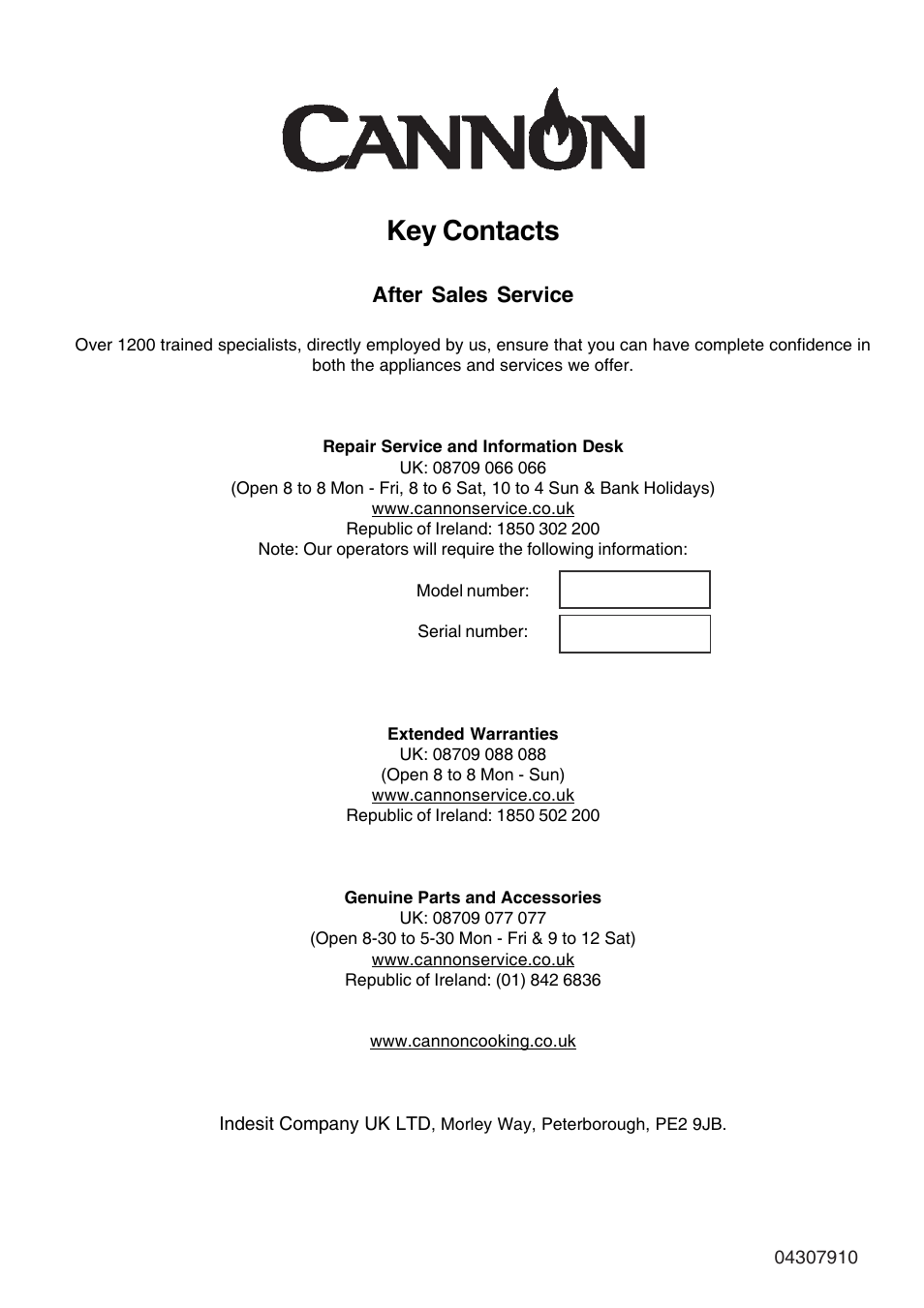 Key contacts, After sales service | Cannon Cooker Hood BHC110 User Manual | Page 12 / 12