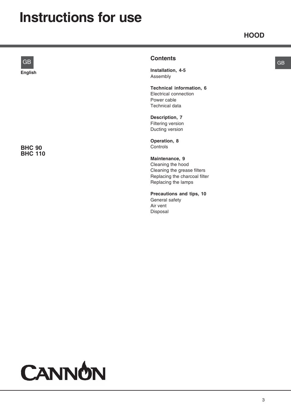 Instructions for use, Hood | Cannon Cooker Hood BHC110 User Manual | Page 3 / 12