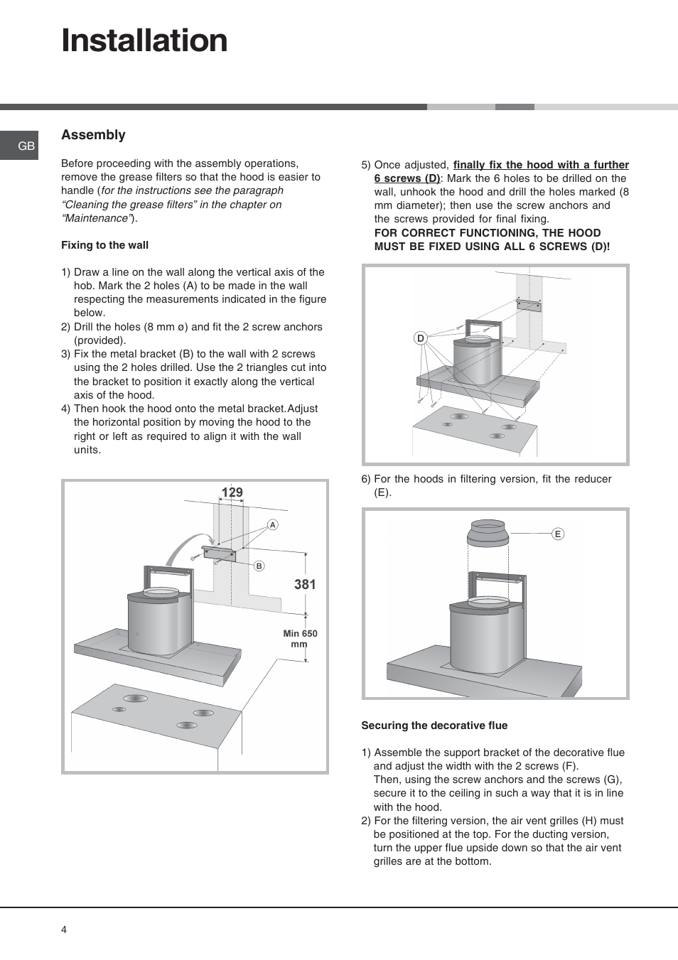 Installation | Cannon Cooker Hood BHC110 User Manual | Page 4 / 12