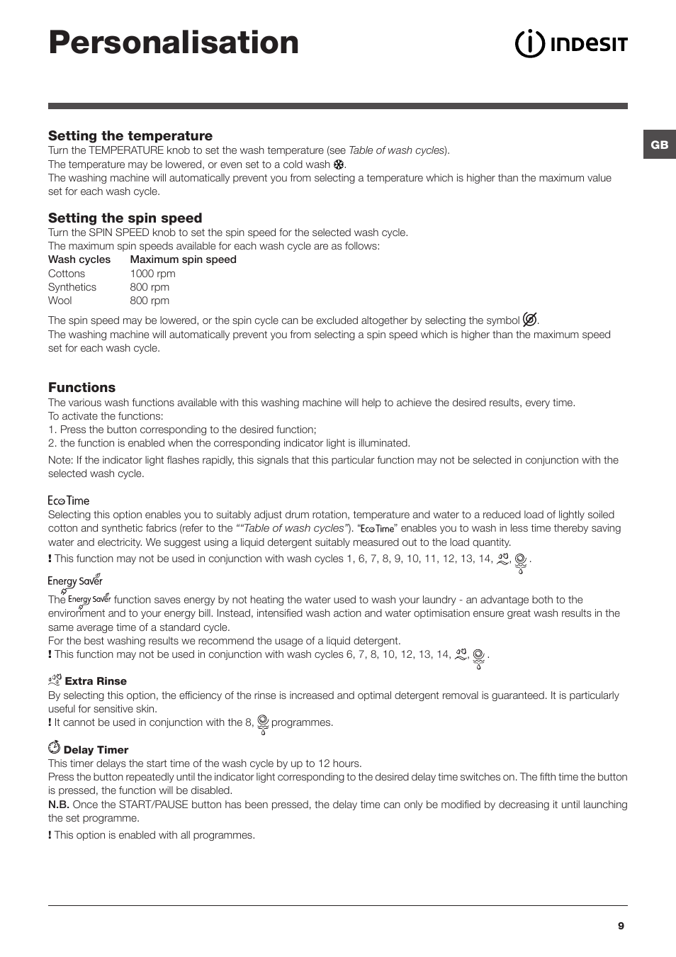 Personalisation | Indesit IWSC 51051 User Manual | Page 9 / 16