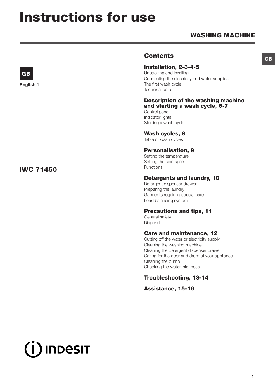 Indesit IWC 71450 User Manual | 16 pages