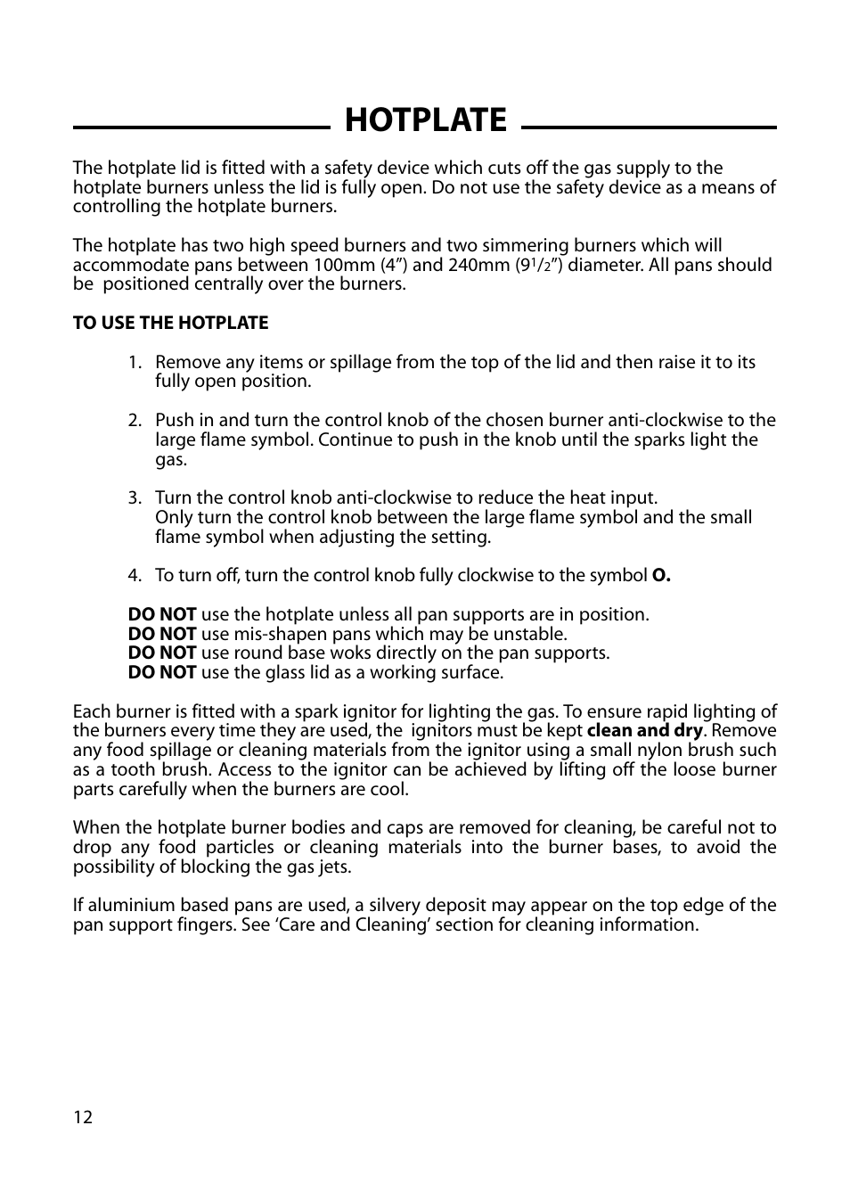Hotplate | Cannon HARROGATE C60DH User Manual | Page 12 / 32