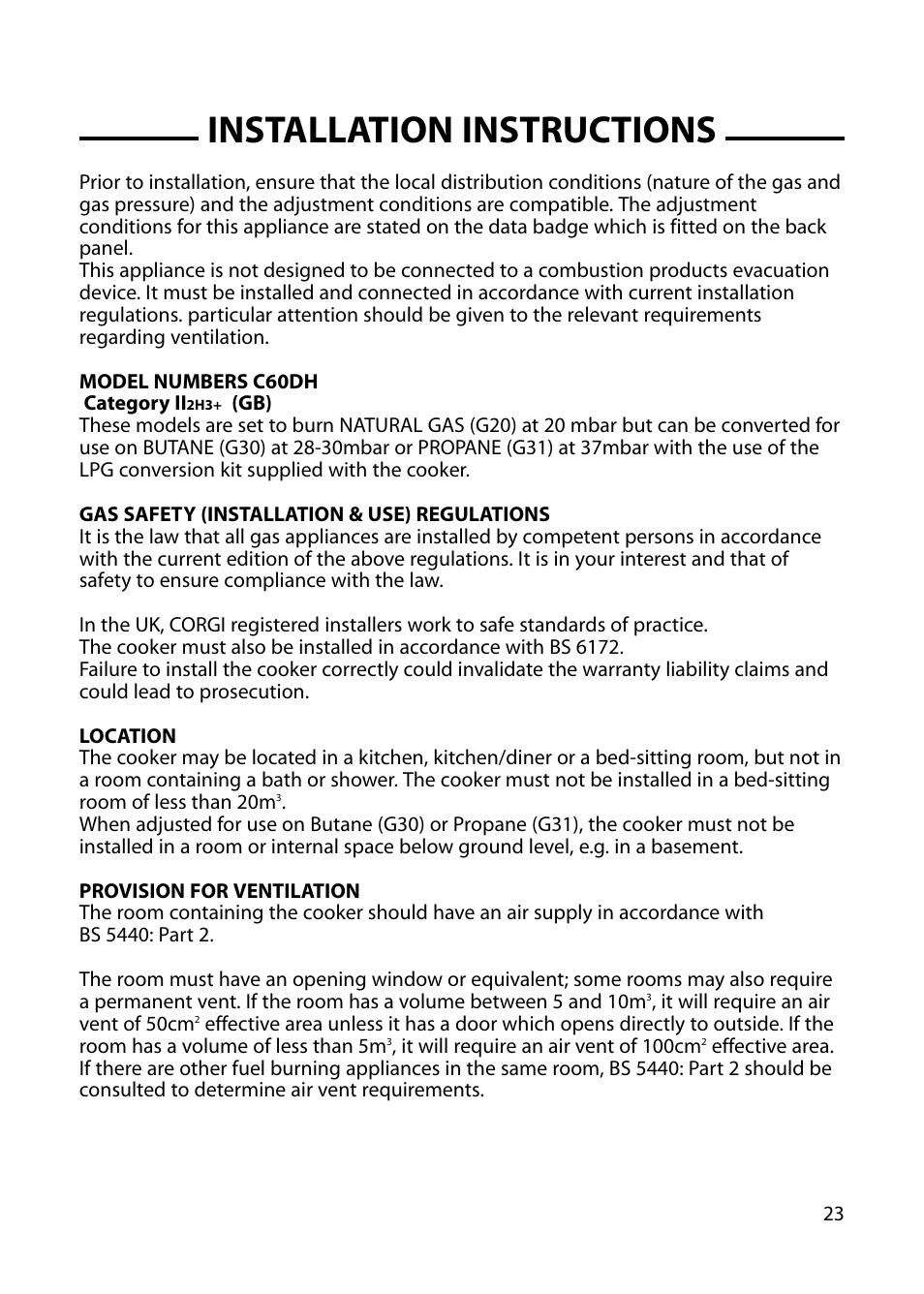 Installation instructions | Cannon HARROGATE C60DH User Manual | Page 23 / 32