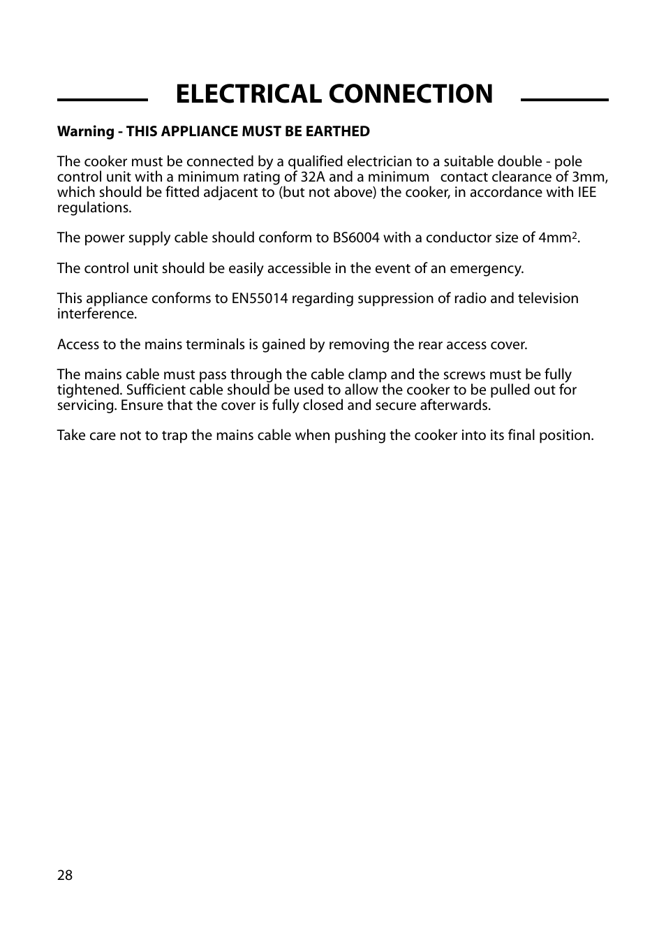 Electrical connection | Cannon HARROGATE C60DH User Manual | Page 28 / 32