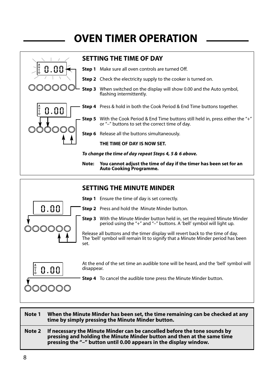 Oven timer operation, Setting the time of day, Setting the minute minder | Cannon HARROGATE C60DH User Manual | Page 8 / 32