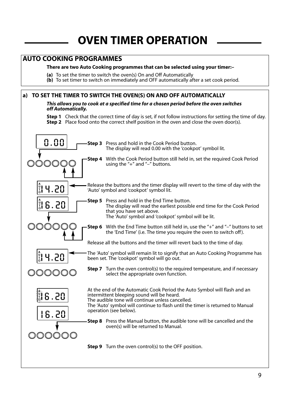 Oven timer operation, Auto cooking programmes | Cannon HARROGATE C60DH User Manual | Page 9 / 32