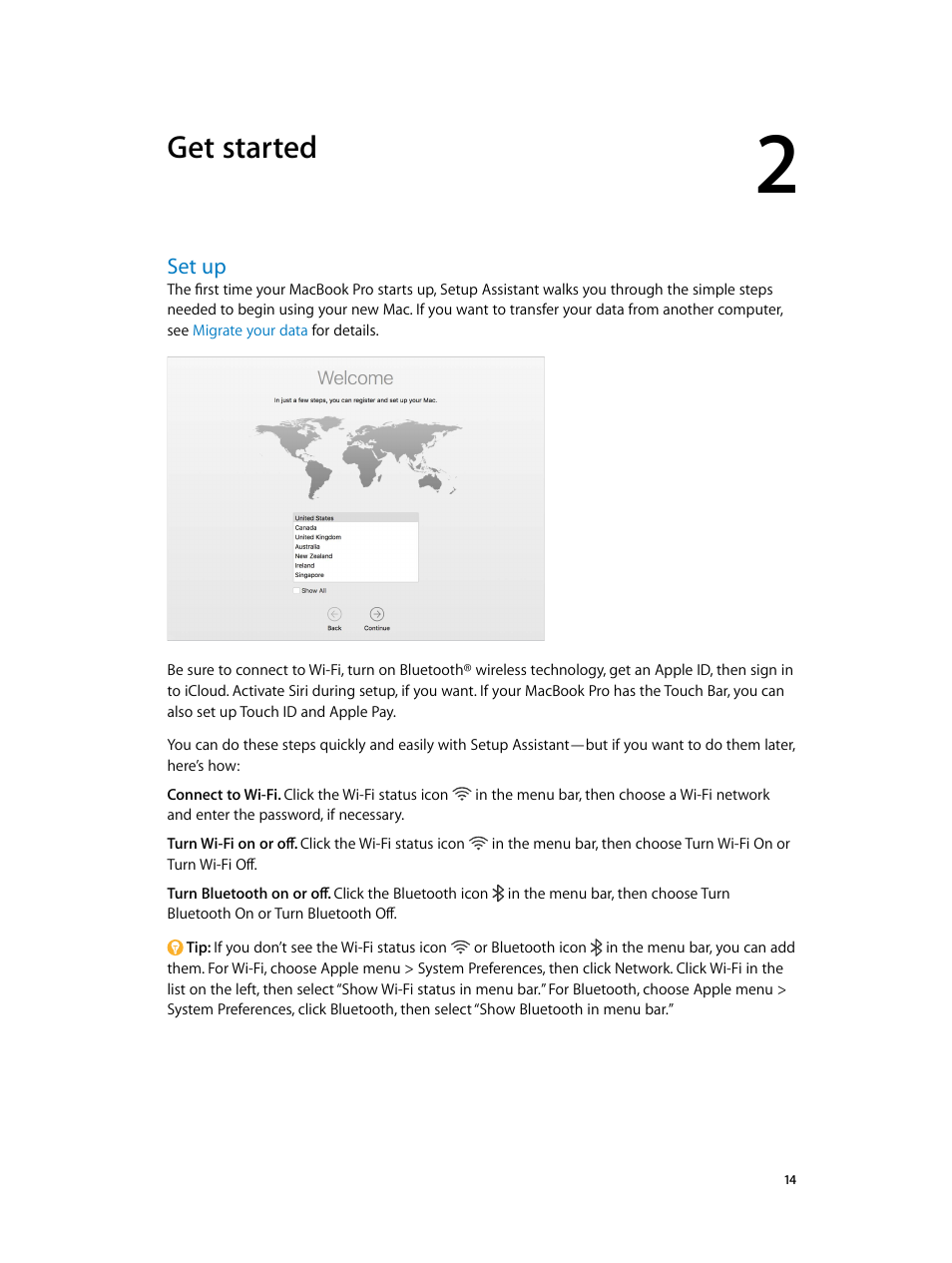 Chapter 2: get started, Set up, 14 set up | Get started | Apple MacBook Pro (15-inch, 2016) User Manual | Page 14 / 72