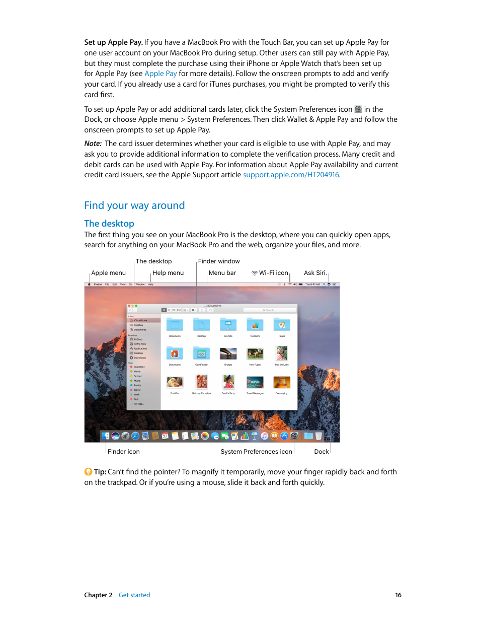 Find your way around, 16 find your way around, The desktop | Apple MacBook Pro (15-inch, 2016) User Manual | Page 16 / 72